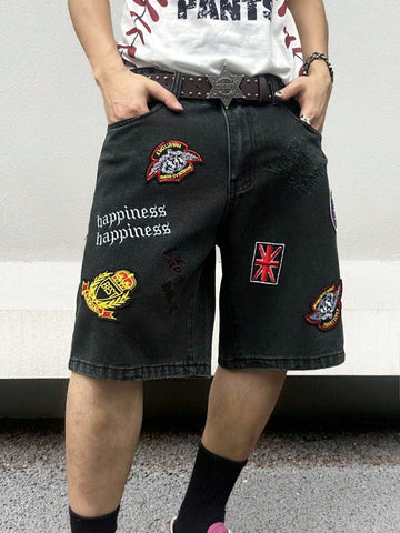 Men's Fashionable Baggy Loose Fit Printed Denim Shorts