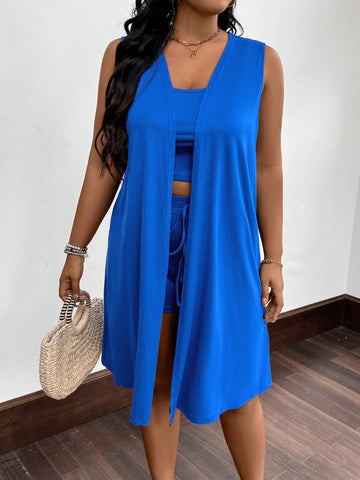 Plus Size Women Solid Color Simple Strap Sleeveless Top Shorts Jacket Set