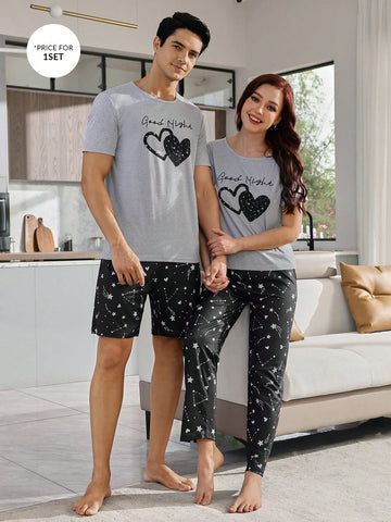 Men's Printed Short Sleeve Tee And Shorts Set With Star And Heart Pattern, Home Clothes