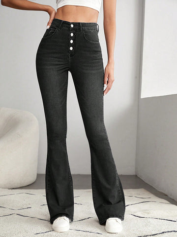Women Plain Button Decorated Daily Wear Denim Long Pants