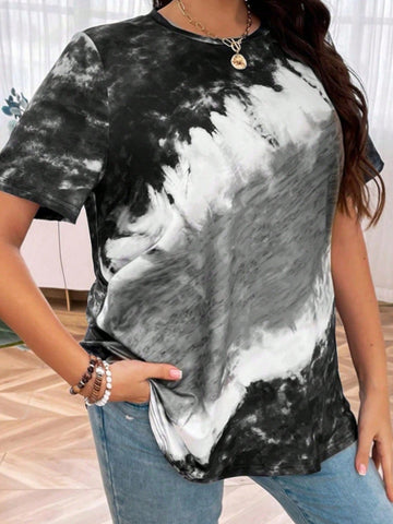 Plus Size Women Tie Dye Printed Round Neck Short Sleeve Casual T-Shirt For Summer