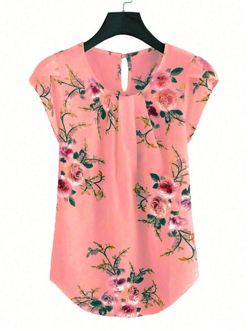 Plus Size Women Summer Flower Print Round Neck Petal Short Sleeves Loose Shirt