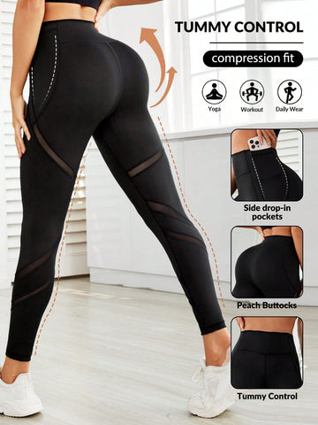 Fashion Sports Leggings With Spliced Mesh And Stretchy Wide Waistband