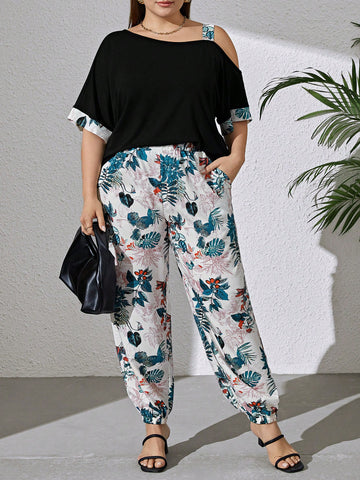 Women Plus Size Summer Vacation Style Tropical Plant Print Asymmetric Neckline Batwing Sleeve Top And Pants Casual Two-Piece Set