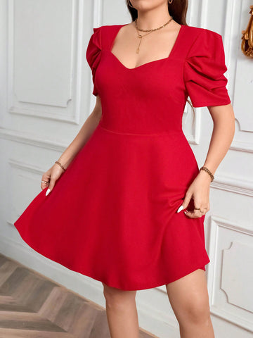 Plus Size Women Elegant Slim Fit Red Short Sleeve A-Line Umbrella Dress