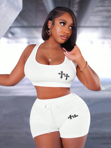 Casual Crop Top With Industrial Back And Cross Print Shorts Set-C