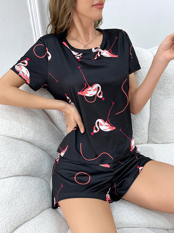 Women Flamingo Printed Short Sleeve Pajama Shorts Set
