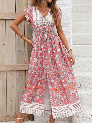 Vacation And Leisure Position Floral Wrap Gathered Waist High Slit Long Dress