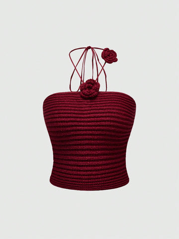 Women Summer Knitted Top With Neck Strap And Minimalist Fashion Style Decorated With 3D Flowers