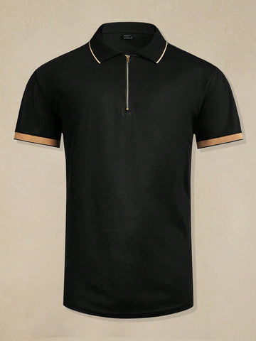 Men Summer Contrast Color Zipper Half-Placket Short Sleeve Casual Polo Shirt