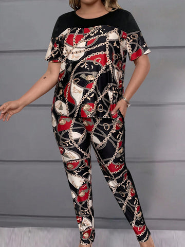 Plus Size Women Casual Summer Chain Printed Round Neck Short Sleeve Top And Pocketed Pants Set