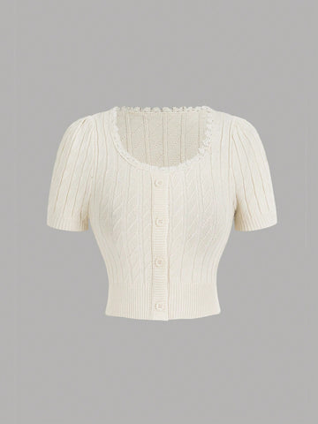 Casual Round Neckline Top With Lace Decoration, Bubble Sleeves And Twisted Knit Pattern