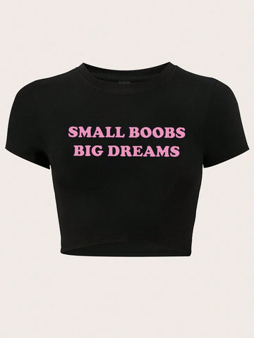 Plus Size Women Y2K Pink Slogan Cropped T-Shirt Baby Tee For Summer