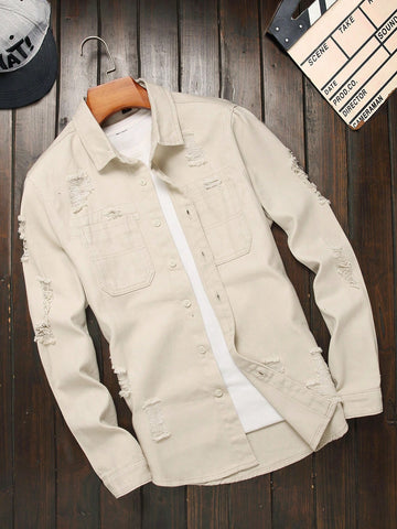 Men Spring Autumn Casual Solid Color Ripped Denim Shirt