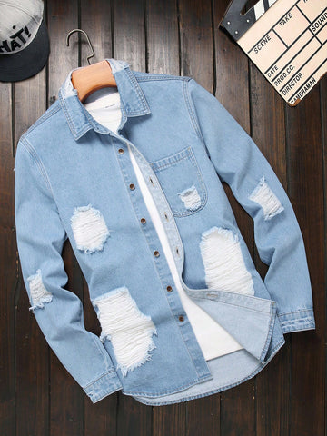 Men Distressed Casual Long Sleeve Denim Shirt For Everyday Wear