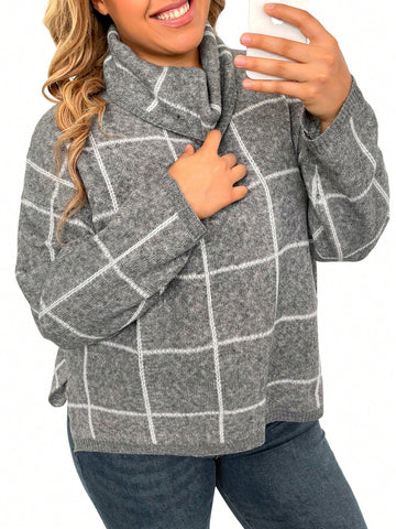 Plus Size Plaid Printed Turtleneck Long Sleeve Sweater Pullover, Suitable For Spring, Autumn And Winter