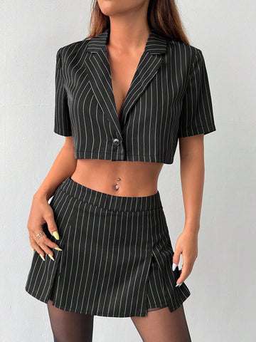 Striped Slit Skirt And Shorts With Short Sleeve Blazer Set
