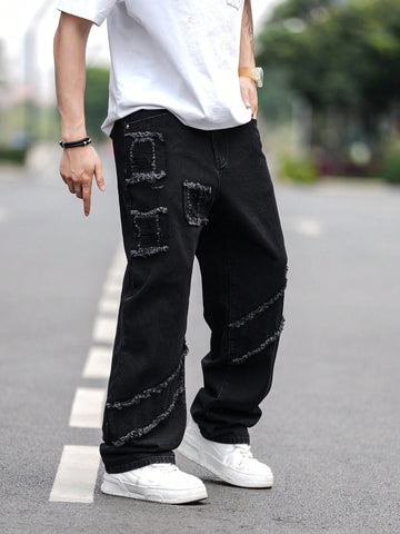 Men Fashion Solid Color Raw Edge Loose Fit Jeans