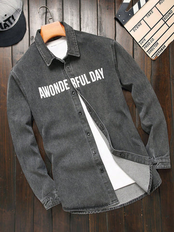 Men Casual Daily Long Sleeve Denim Shirt With Letter Printing