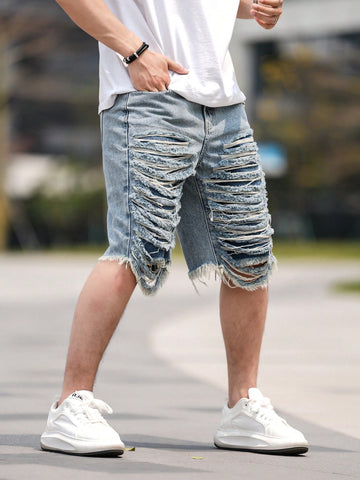 Men Fashionable Distressed Loose-Fit Denim Shorts
