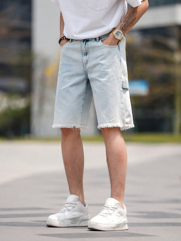 Men Bermuda Casual Loose Fit Denim Shorts With Pockets And Frayed Hem