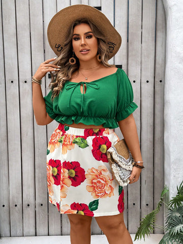 Plus Size Women Fashionable Bubble Sleeve Blouse And Skirt Two-Piece Set