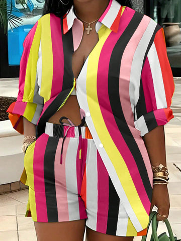 Plus Size Vacation Leisure Color Block Stripe Long-Sleeved Shirt And Shorts Two-Piece Set Short Sets Summer