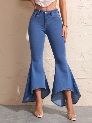 Women Pure Color Bell-Bottom Jeans, Suitable For Spring And Summer