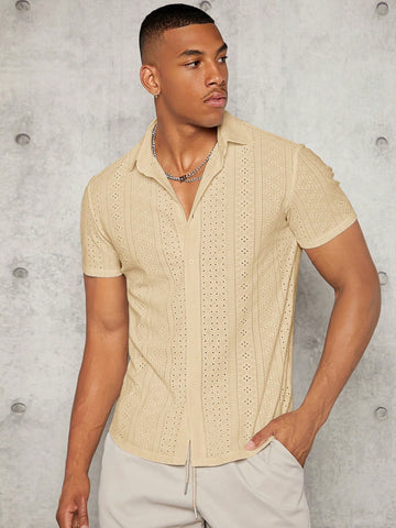 Hollow Embroidery Solid Color Turn-Down Collar Front Button Knitted Short-Sleeve Shirt