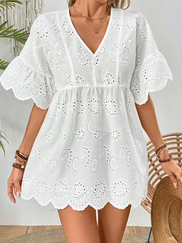 White V-Neck Hollow Out Embroidery Summer Shirt