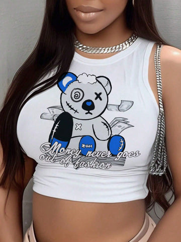 Casual Basic Round Neck Sleeveless Short Cropped Tank Top With Lovely Bear Print Knitted Women Tank Top