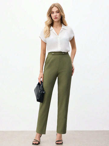 Women Simple Solid Color Suit Pants, Suitable For Spring/Summer Work Skirt Green Professional