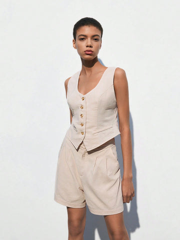 Women Summer Single-Breasted Solid Color Suit Vest And Shorts Casual Simple Professional Suit Set