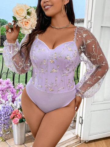 Plus Size Mesh Patchwork Embroidery Sweetheart Neckline Perspective Bodysuit