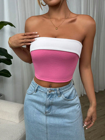 Women Summer Colorblock Cropped Strapless Top For Valentine Day