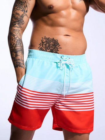 Men Striped Drawstring Beach Shorts, Suitable For Summer, Beach, Swimming Pool