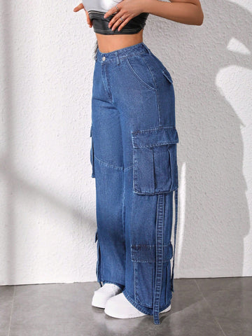 Women's Button Closure Straight Leg Jeans With Pockets