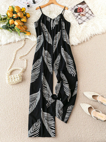 Plus Size Women Summer Holiday Style Plant Printed Wide-Leg Jumpsuit With Spaghetti Straps