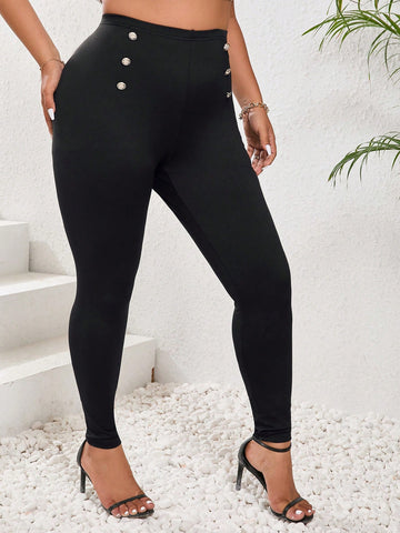 Plus Size Solid Color Button Decoration Leggings, Suitable For Spring And Summer