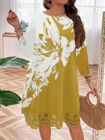 Plus Size Women Floral Print Round Neck Loose Straight Dress With Nine-Quarter Sleeve For Summer