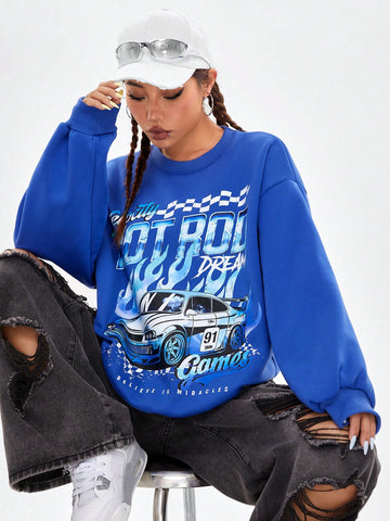 Casual Loose Women Sweatshirt With Car Logo & Statement Graphic, Long Sleeve, Round Neckline, Suitable For Autumn/Winter