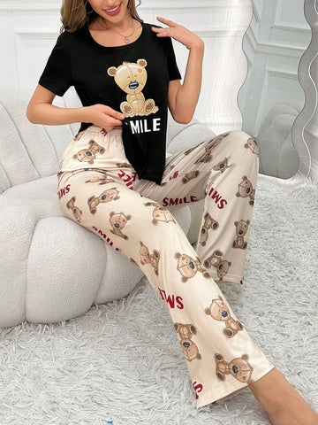 Women's Pajama Set With Letter And Bear Print, Short Sleeve Top And Long Pants