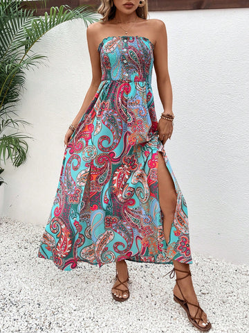 Women Summer Vacation Style Waist Tie Paisley Printed Wrap Bust Long Dress
