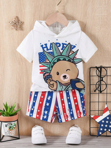 Baby Boy Independence Day Bear Print Hoodie Striped Star Print Shorts Casual Outfit Set