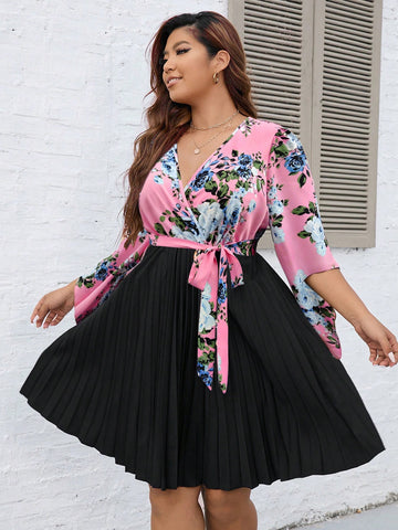 Plus Size Floral Print Cross Wrap Ruffle Dress, Suitable For Summer And Vacation