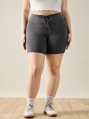 Plus Size Women Solid Color Tie-Up Metal Spliced Cycling Shorts