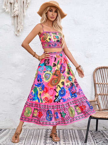 Vacation Women Summer Floral Print Crop Top With Slim Straps And Ruffled Hem Midi Skirt Set