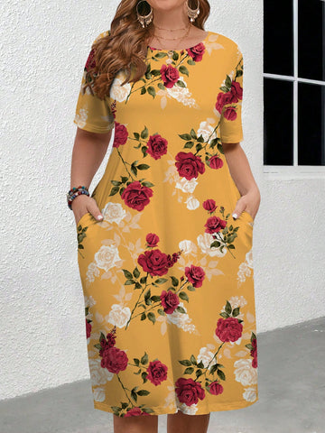 Elegant Plus Size Women's Floral Printed Short Sleeve Casual Dress With Round Neckline And Pockets, Featuring Rose Flower Pattern
