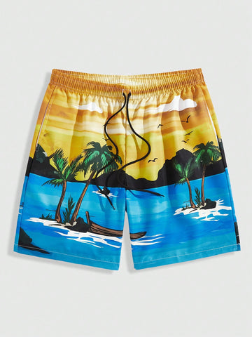 Men Drawstring Printed Shorts With Pockets