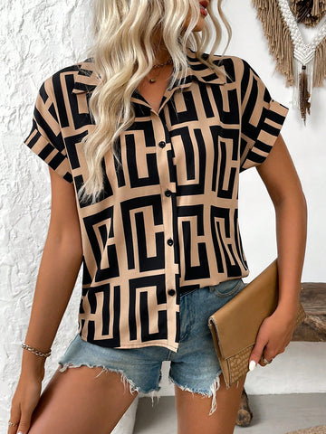 Women Fashionable Allover Printed Casual Batwing Sleeve Shirt Summer